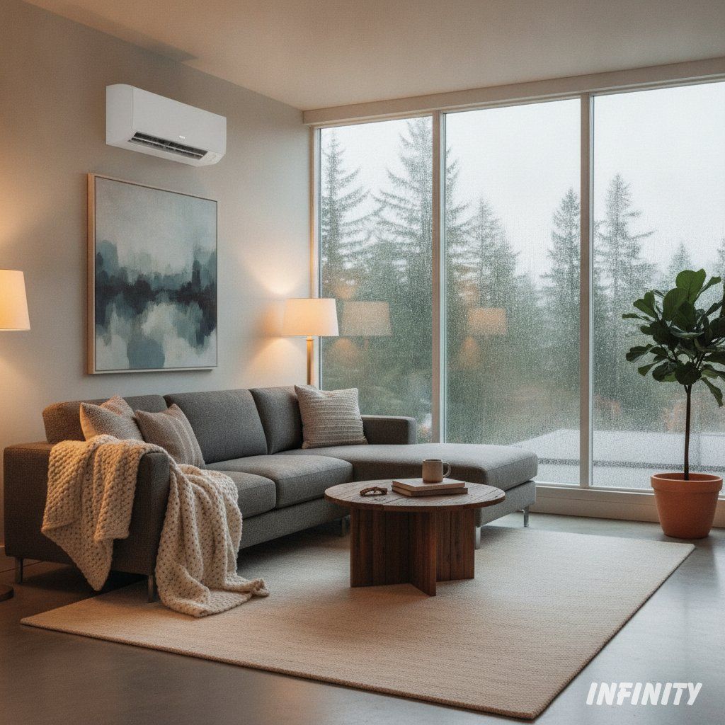 A cozy Pacific Northwest living room kept comfortable by a wall-mounted mini-split