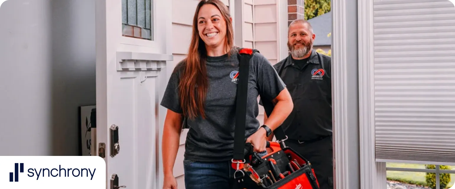 Infinity technicians arriving at a customer's front door with their tool bags