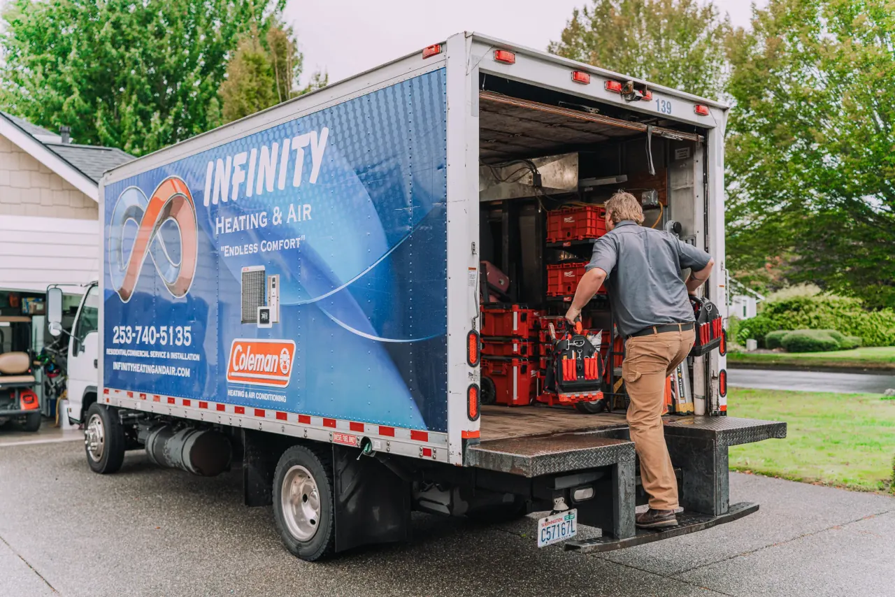 Infinity Heating & Air box truck stocked for a South Sound install day